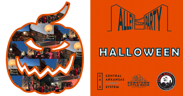 halloween alley party horizontal flyer image with jack o lantern and logos